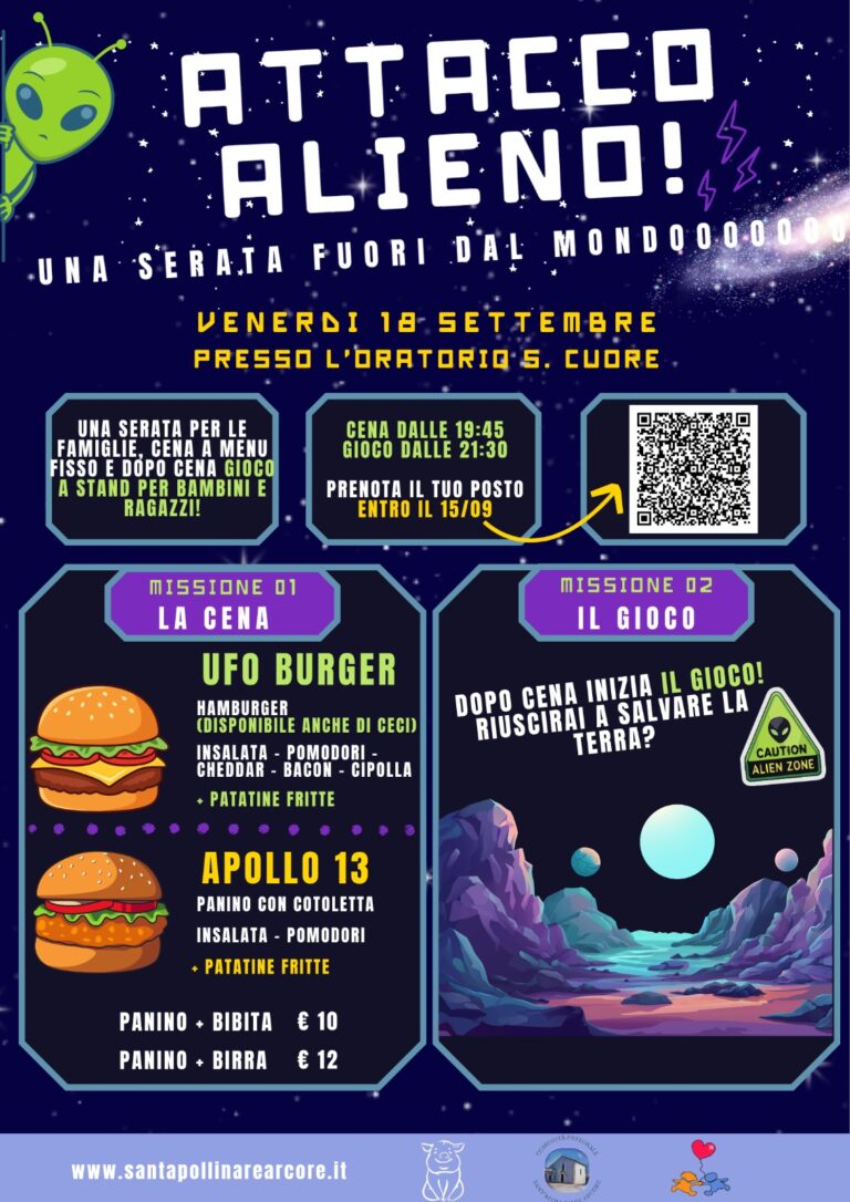 Scopri di più sull'articolo CENA “ATTACCO ALIENO” DI VENERDÌ 18, PRENOTAZIONI IN SCADENZA